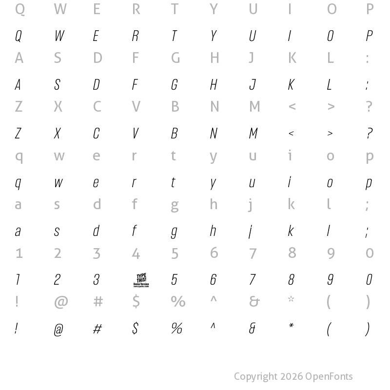 Character Map of Headlines Semi Light Italic