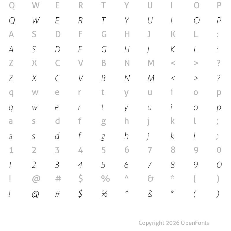 Character Map of Highgate Thin Italic