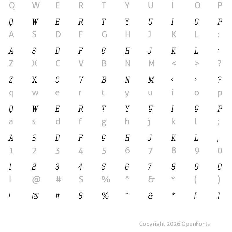 Character Map of Hockeynight Serif Light Ita
