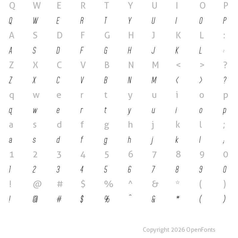 Character Map of Home Planet BB Italic