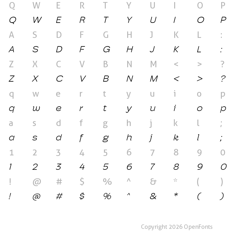 Character Map of Hoss Round Wide Light Italic