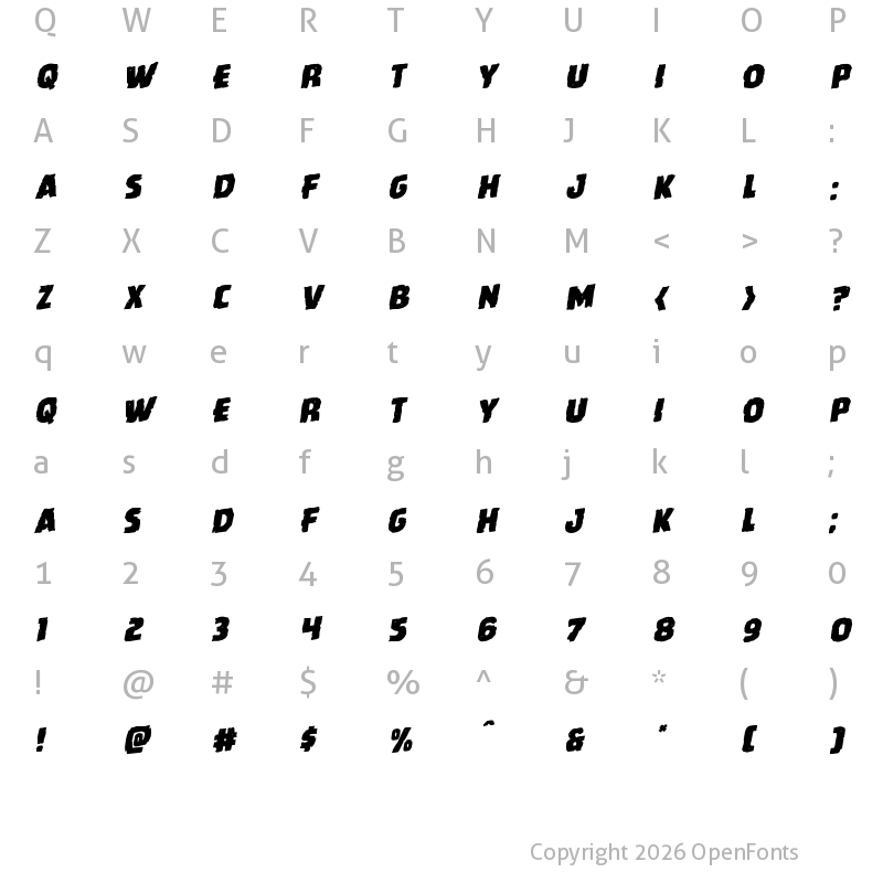 Character Map of Howlin' Mad Staggered Rotalic Italic