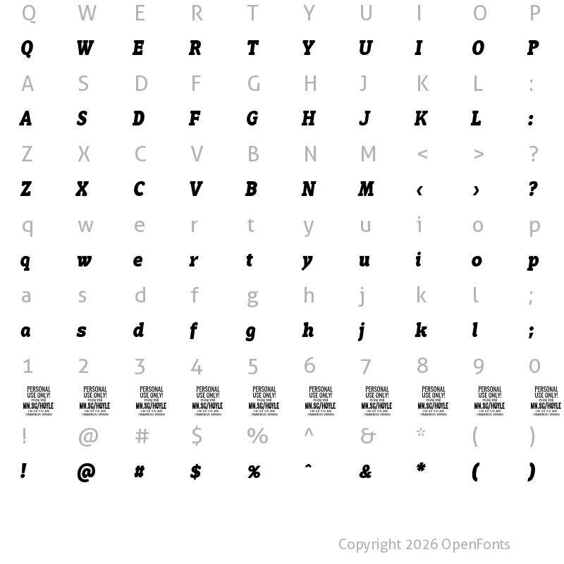 Character Map of Hoyle PERSONAL USE ONLY Black Italic