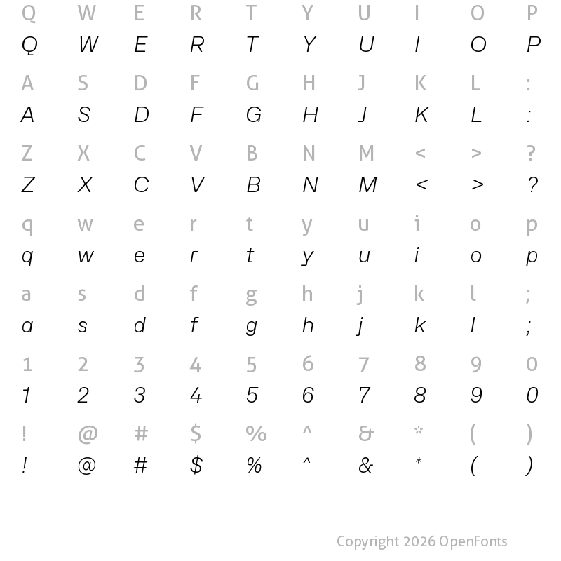 Character Map of Hubot-Sans Light Italic