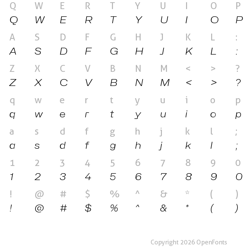 Character Map of Hubot-Sans Light Wide Italic