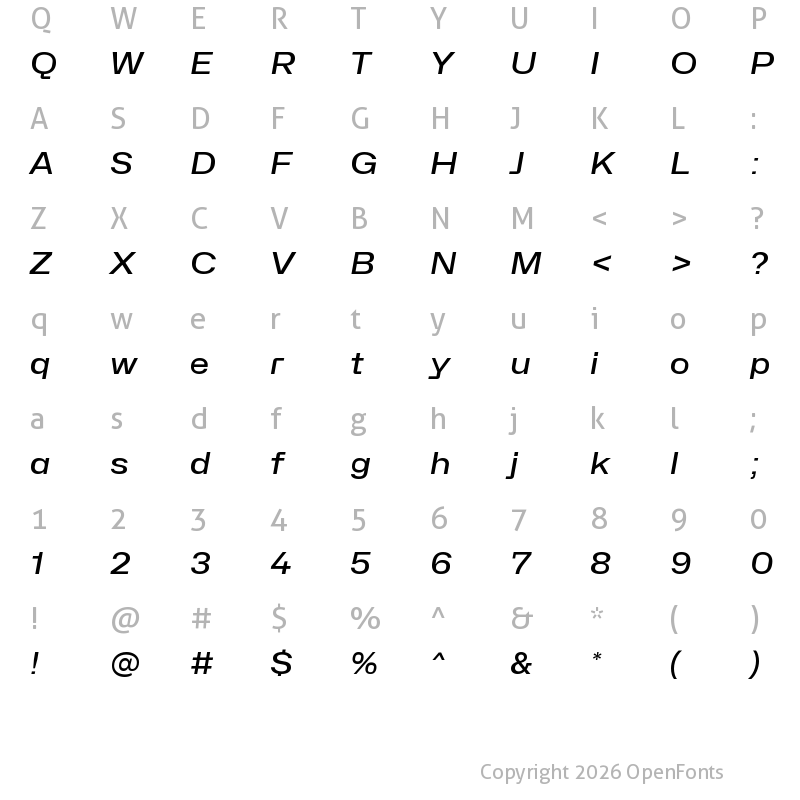 Character Map of Hubot-Sans Medium Wide Italic