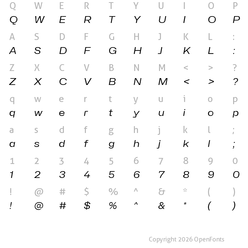 Character Map of Hubot-Sans Regular Wide Italic