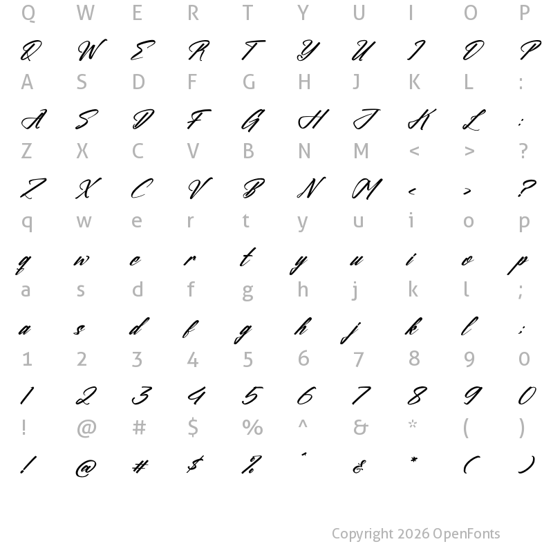 Character Map of Huntesla Gloficka Italic