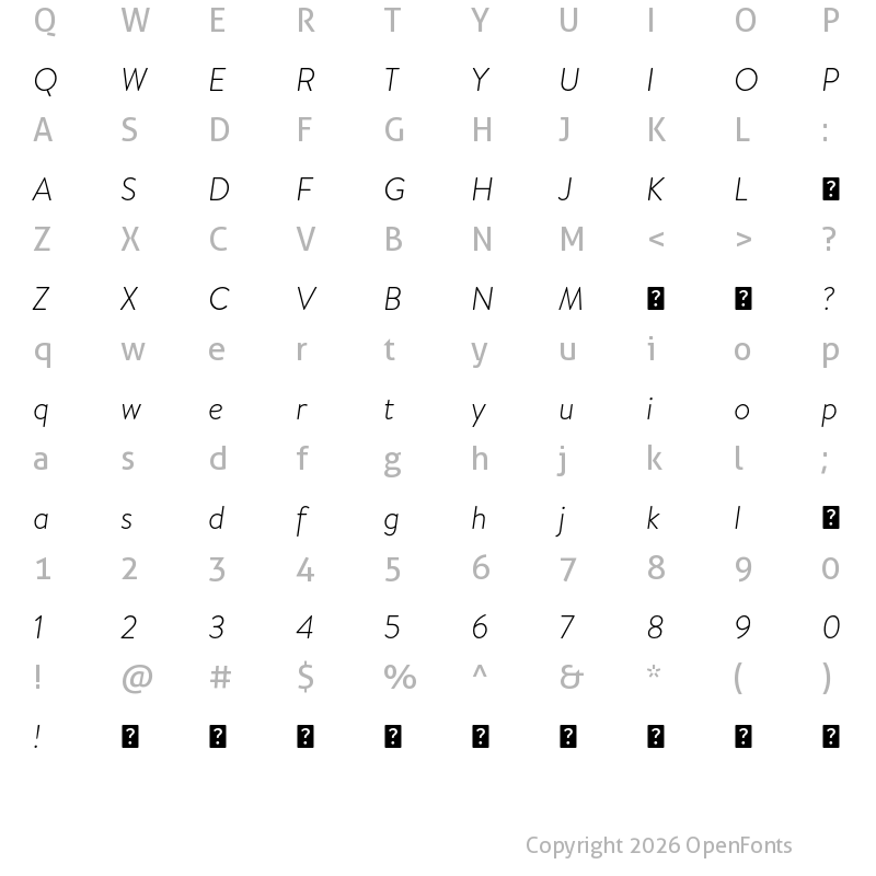Character Map of HvDTrial Brandon Text Light Italic