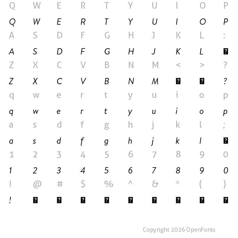 Character Map of HvDTrial Brandon Text Regular Italic
