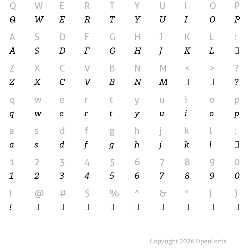 Character Map of HvDTrial Brix Slab Regular Italic