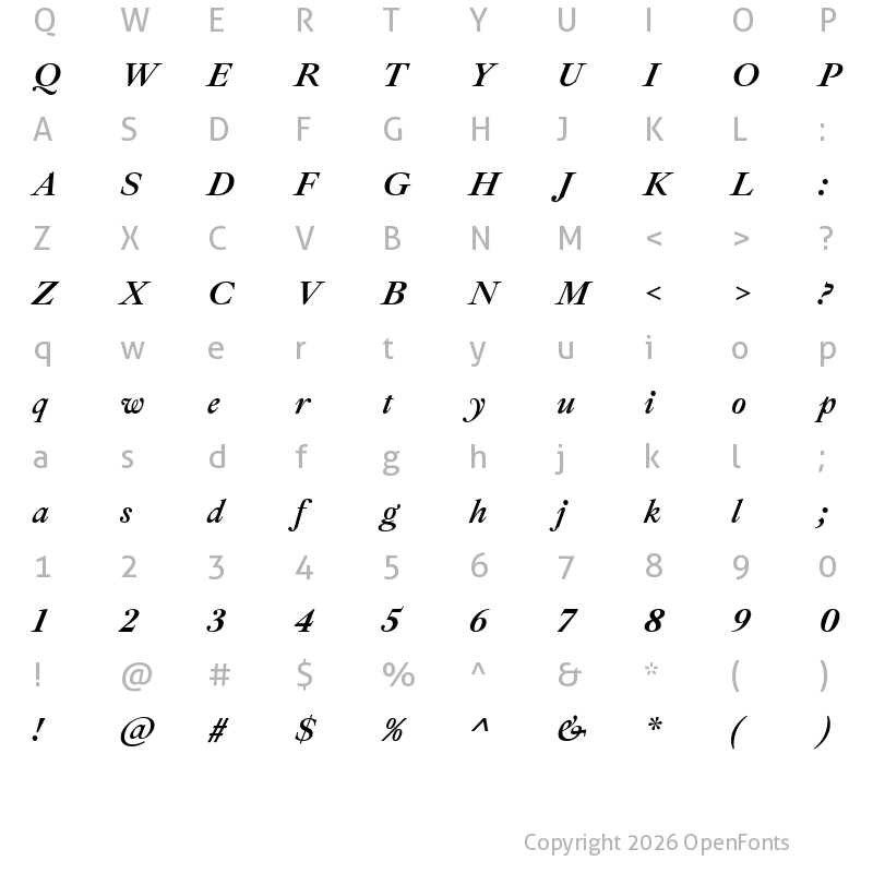 Character Map of Ibarra Real Nova Bold Italic