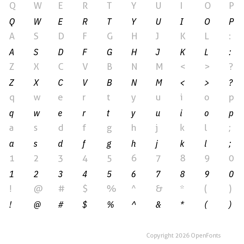 Character Map of IBM Plex Sans Condensed Text Italic
