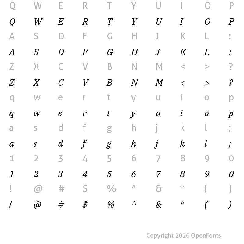 Character Map of IBM Plex Serif Italic