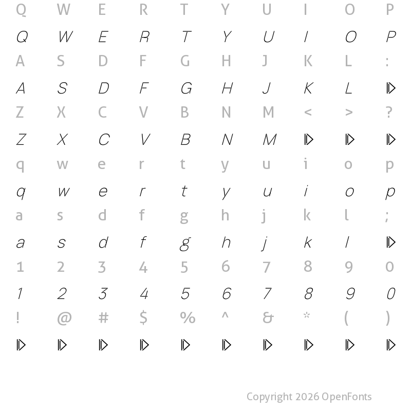 Character Map of ID Grotesk Trial Thin Italic