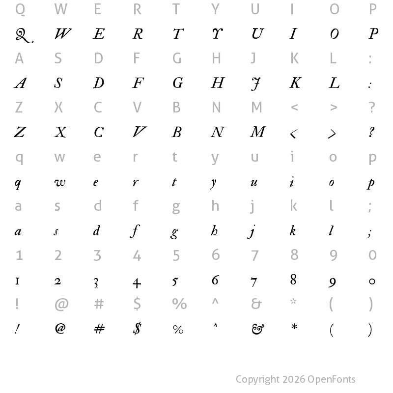 Character Map of IM FELL Double Pica PRO Italic