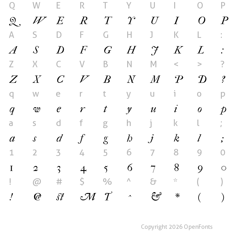 Character Map of IM FELL French Canon Italic