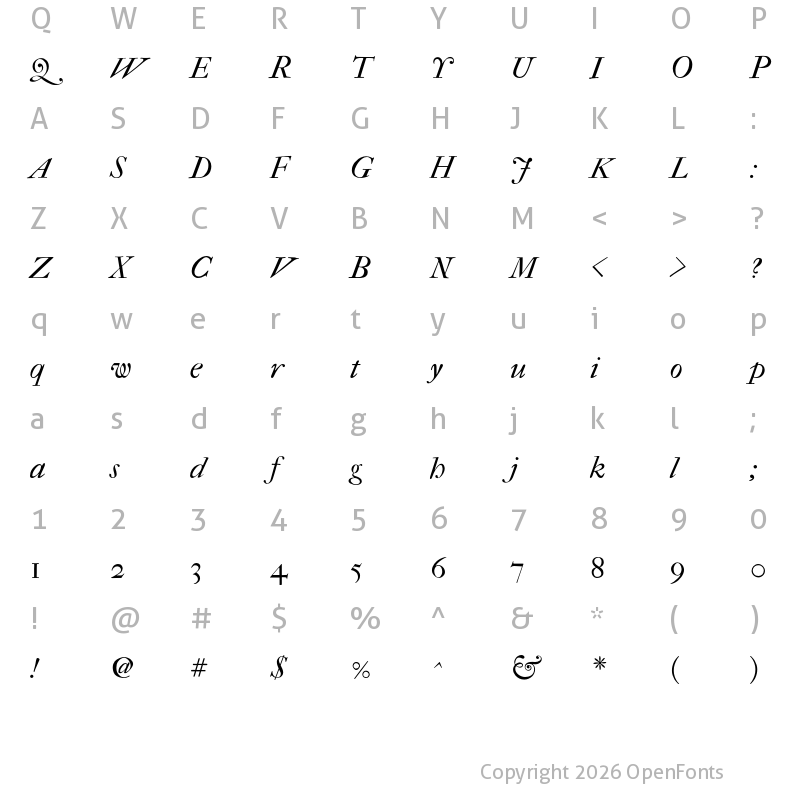 Character Map of IM FELL French Canon PRO Italic