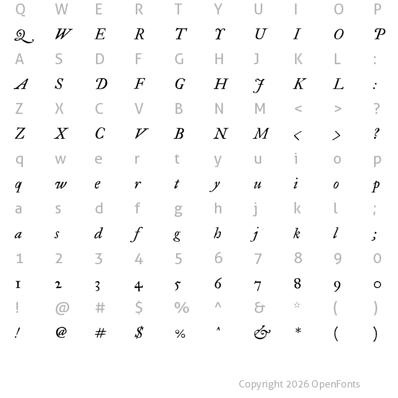 Character Map of IM FELL Great Primer PRO Italic