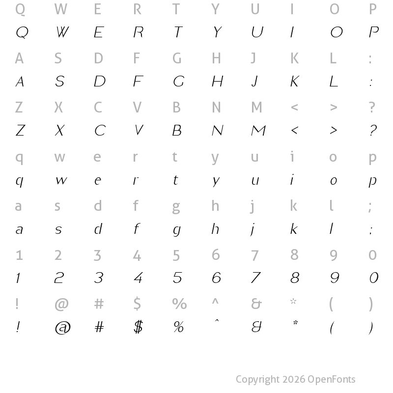 Character Map of Imelda Light Italic