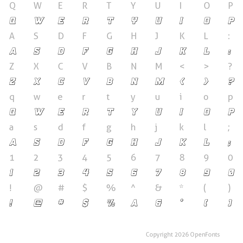Character Map of Indian Steeds 3D Italic Regular