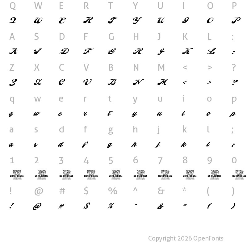 Character Map of Indiana Script PERSONAL USE Regular