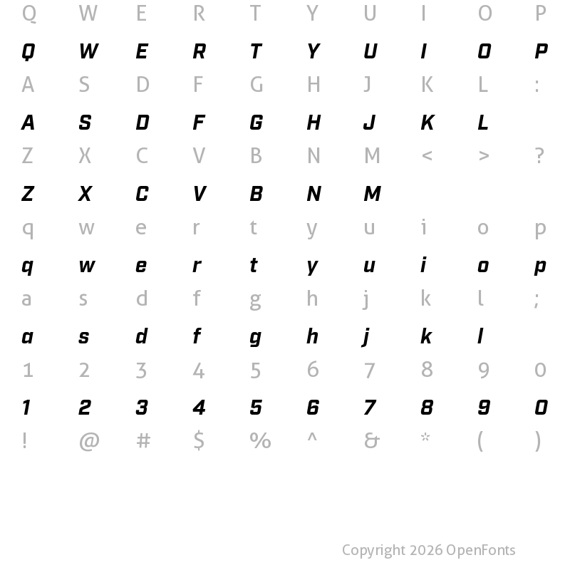 Character Map of Industry Test Bold Italic