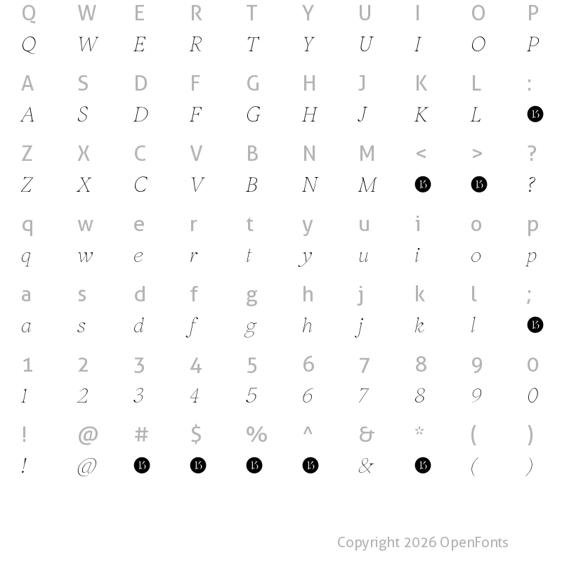 Character Map of Inferi-Trial Thin Italic