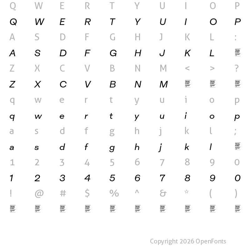 Character Map of Inklination TRIAL Regular Italic