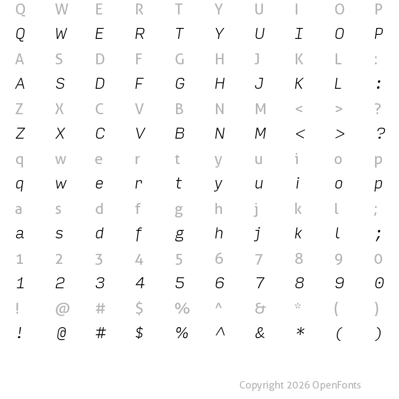 Character Map of Input Sans Extra Light Italic