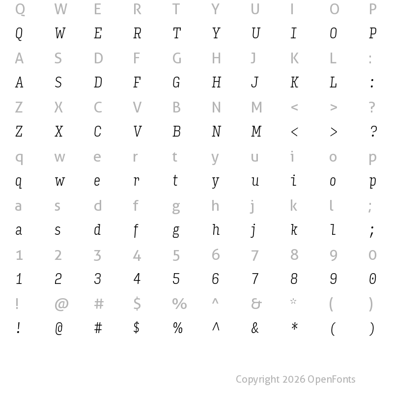 Character Map of Input Serif Compressed Extra Light Italic