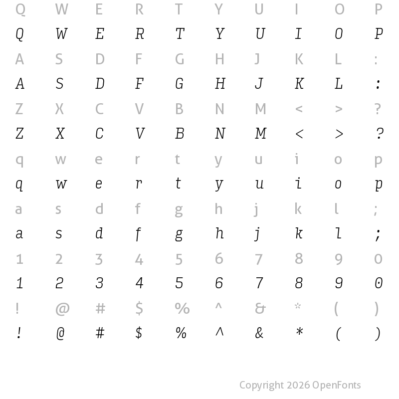Character Map of Input Serif Condensed Extra Light Italic