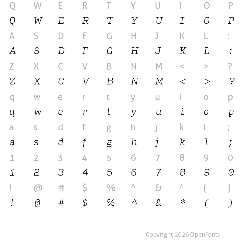 Character Map of Input Serif Extra Light Italic