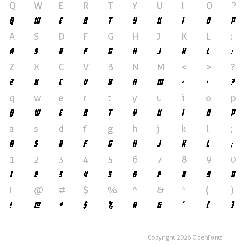 Character Map of Intrepid Spear Condensed Ital Regular