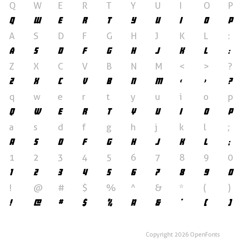 Character Map of Intrepid Spear Italic Regular