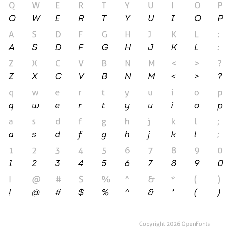 Character Map of Intro Book Italic Italic