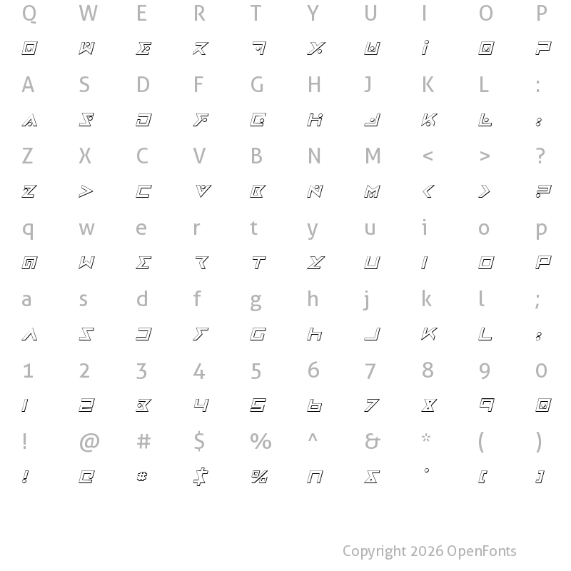 Character Map of Iron Cobra 3D Italic Italic