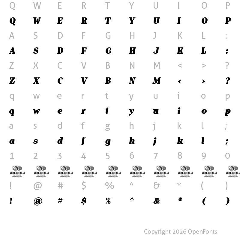 Character Map of Isle Headline PERSONAL USE Black Italic