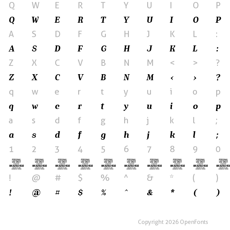 Character Map of Isle Headline PERSONAL USE Bold Italic