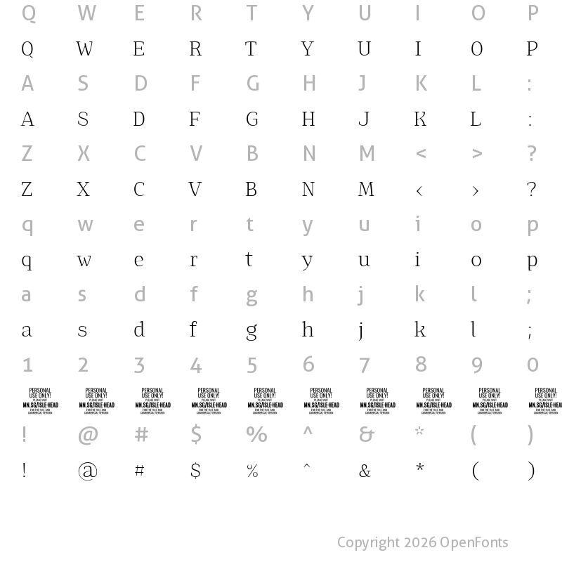 Character Map of Isle Headline PERSONAL USE Light