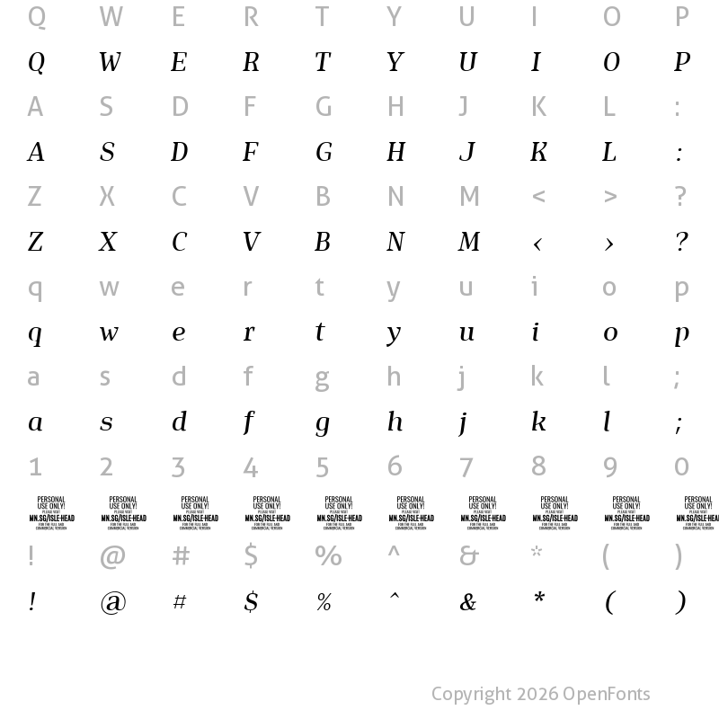 Character Map of Isle Headline PERSONAL USE Medium Italic