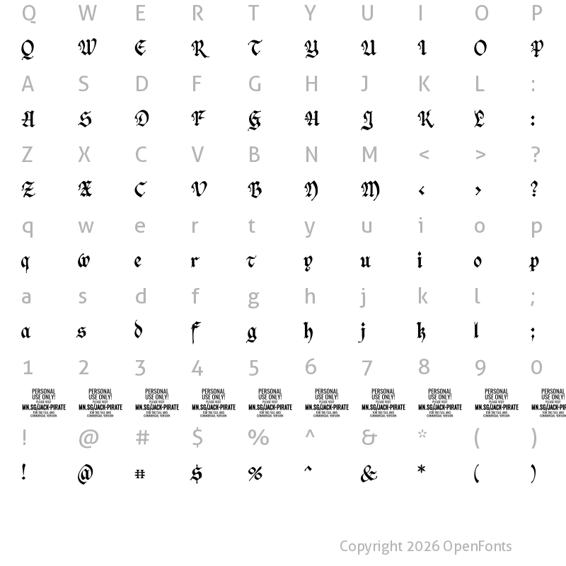 Character Map of Jack Pirate PERSONAL USE ONLY Regular