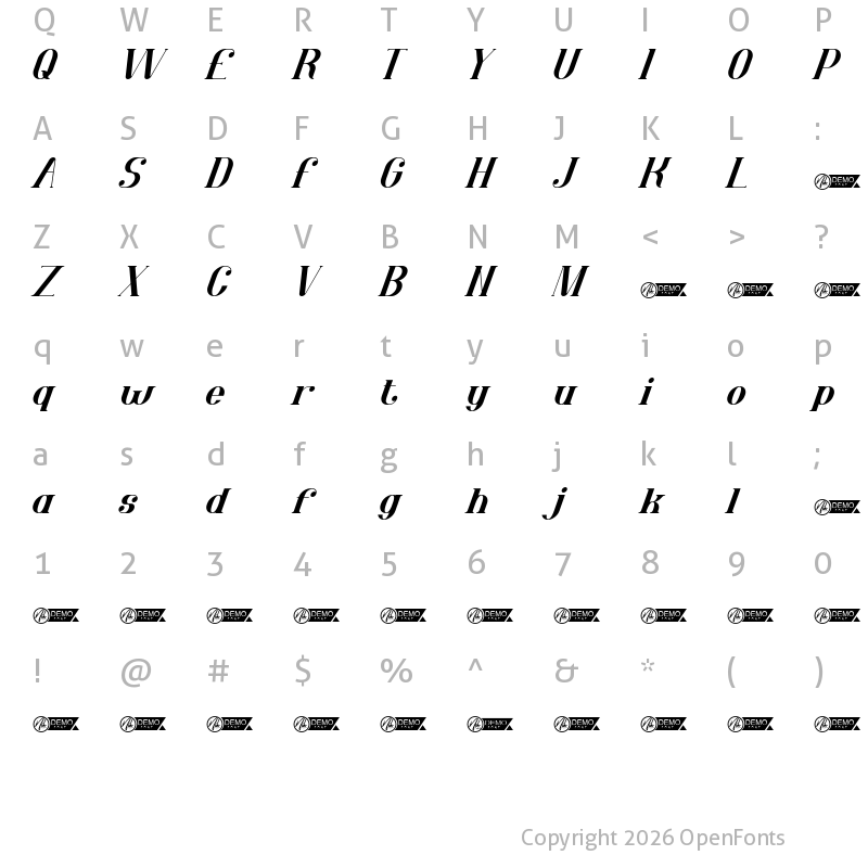 Character Map of Jacktown Demo Italic