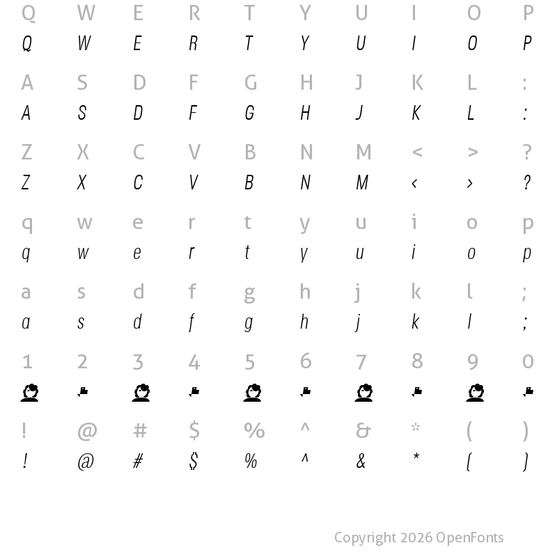 Character Map of Jane Roe Light Italic