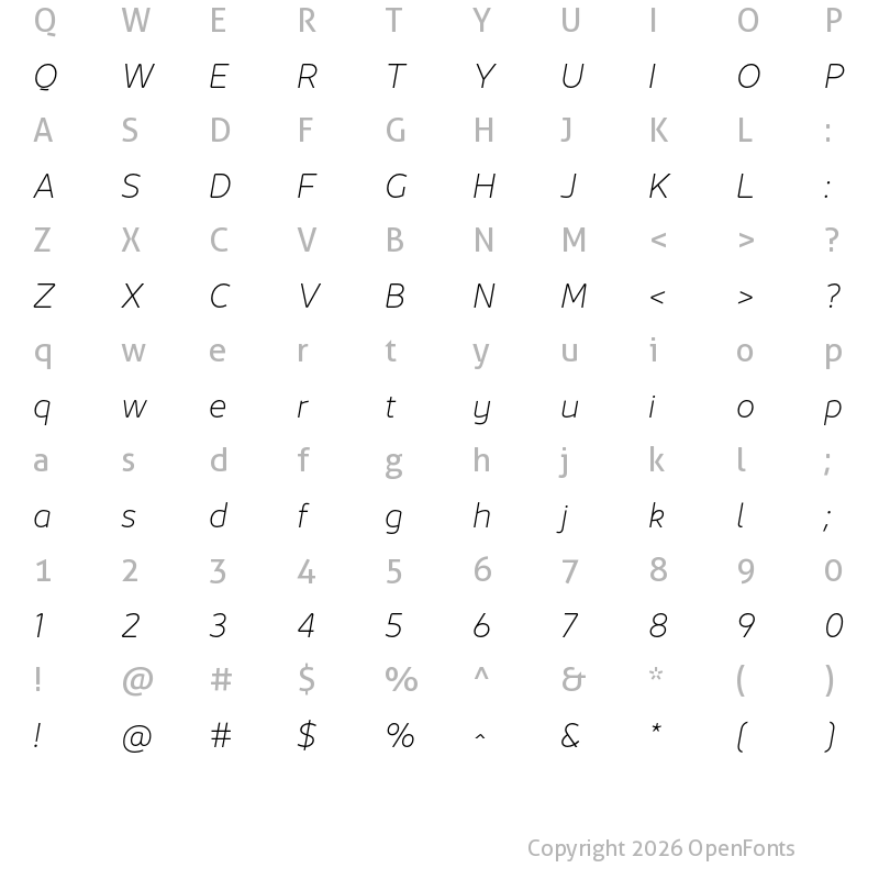 Character Map of Jano Sans Pro ExtraLight Italic