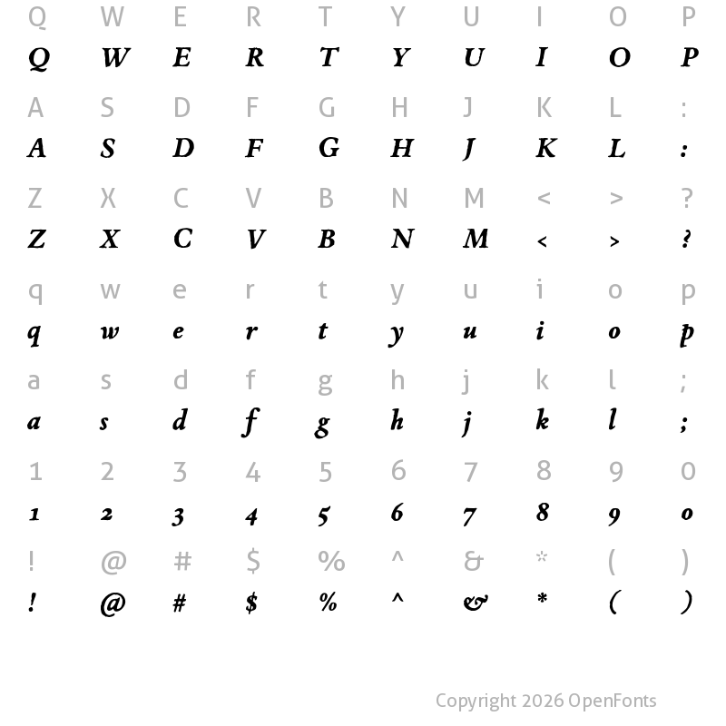 Character Map of JMH Espinosa Bold Italic