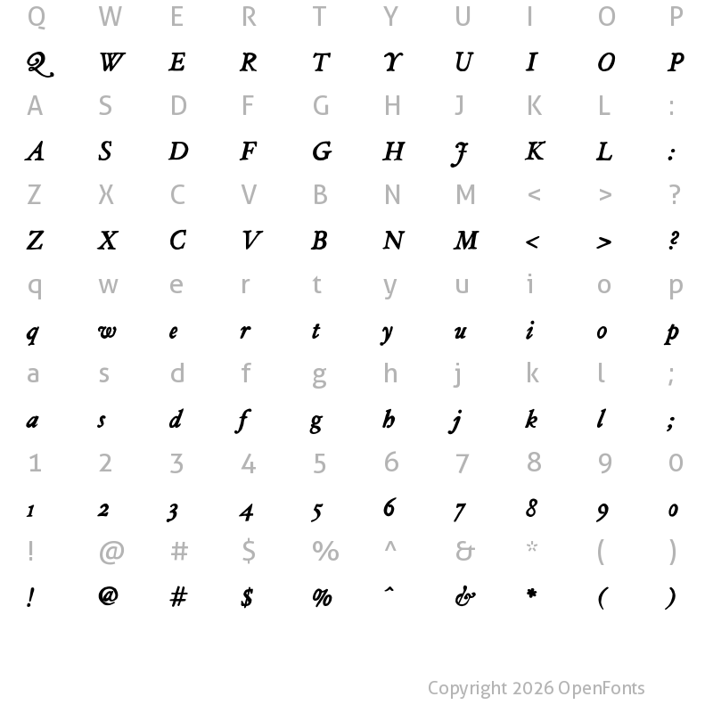 Character Map of JMH Legajo Bold Italic
