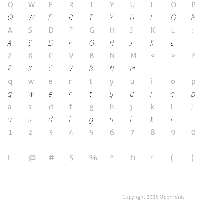 Character Map of Josefa Rounded Reduced Thin Italic