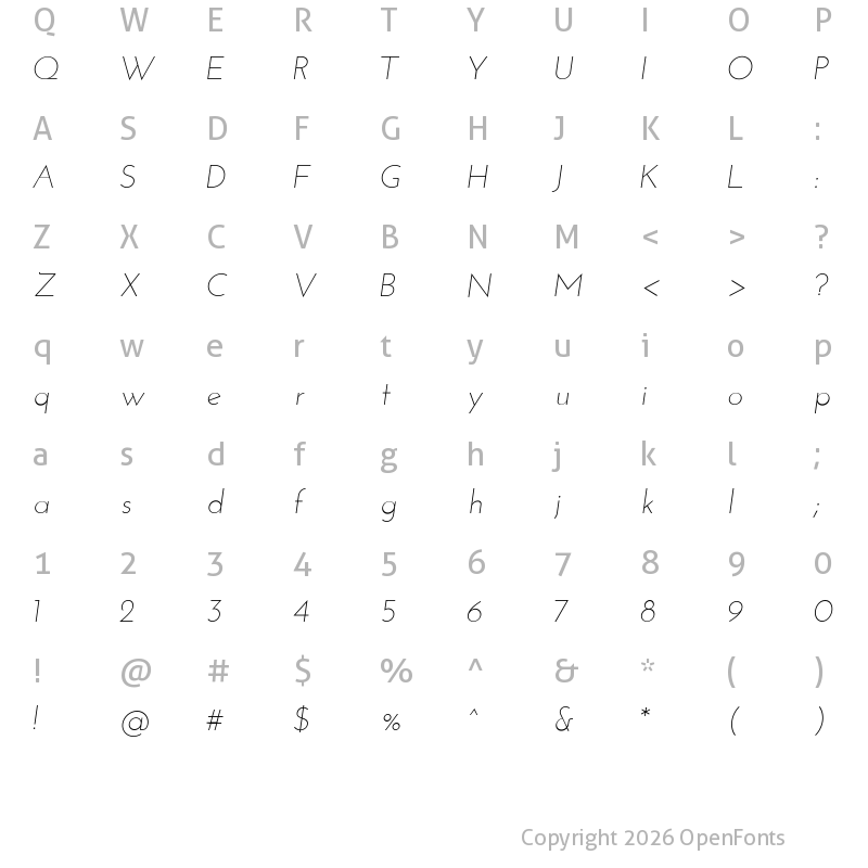 Character Map of Josefin Sans Light Italic