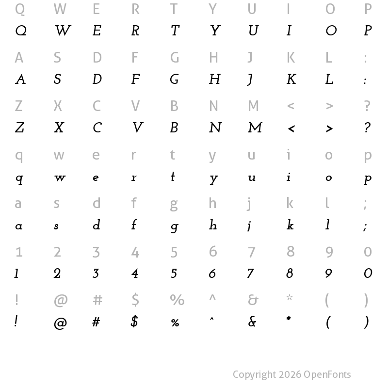 Character Map of Josefin Slab Bold Italic